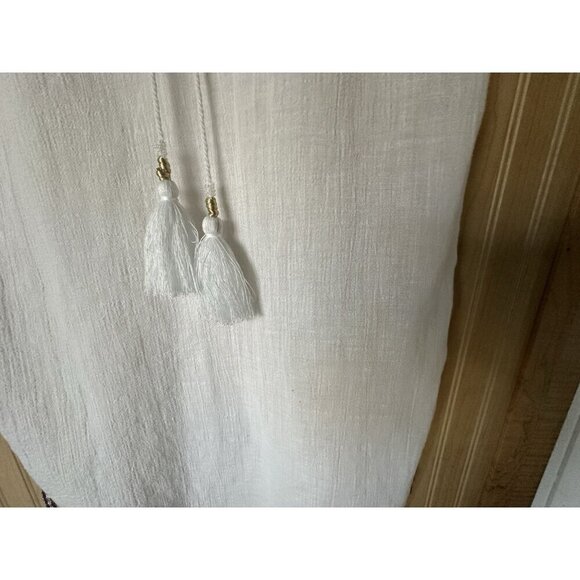J Crew White Cotton Swim Cover Up Sz XXS V Neck Gauzy Navy Blue Trim Tie Tassels - Picture 4 of 8